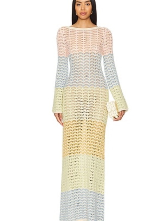 Lovers + Friends Pastel Stripe Crochet Maxi Dress — Pink, Blue, Yellow, Cream - Picture 4 of 7